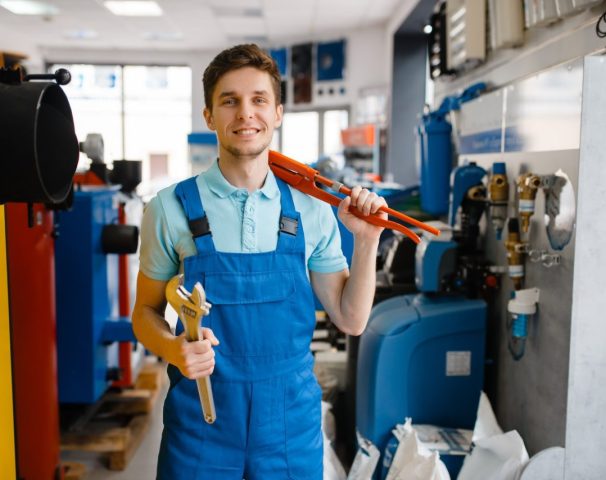 plumber-shows-pipe-wrenches-in-plumbering-store